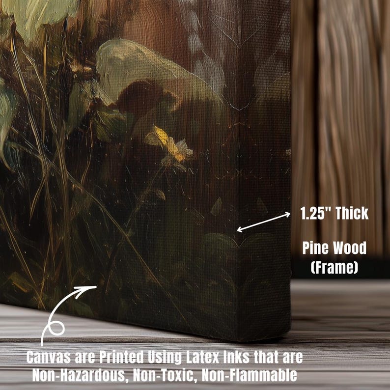 May include: A canvas print of a botanical illustration in green and yellow hues. The canvas is 3.18 cm thick and framed with pine wood. The text states the canvas is printed with non-hazardous, non-toxic, and non-flammable latex inks.