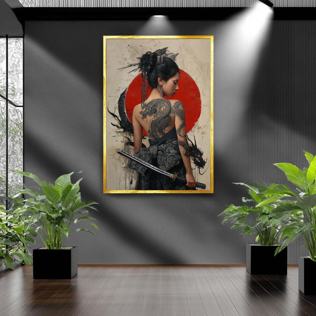 Japanese Dragon Tattoo Samurai Woman Canvas Wall Art, Warrior Back ...