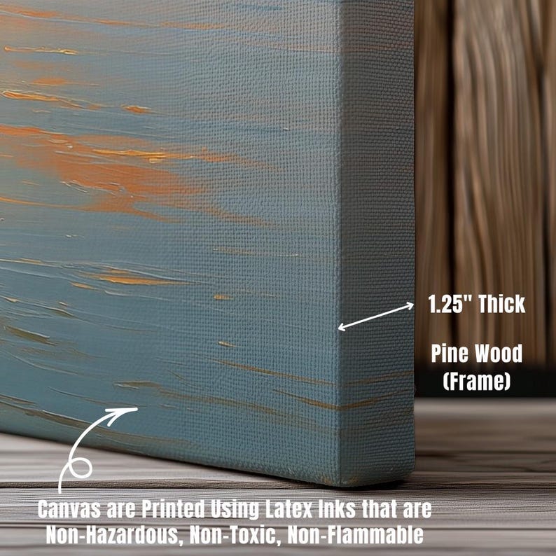 May include: A close-up of a canvas print with a blue and orange abstract design. The canvas is 1.25 inches thick and framed with pine wood. The text on the canvas states that it is printed using non-hazardous, non-toxic, and non-flammable latex inks.