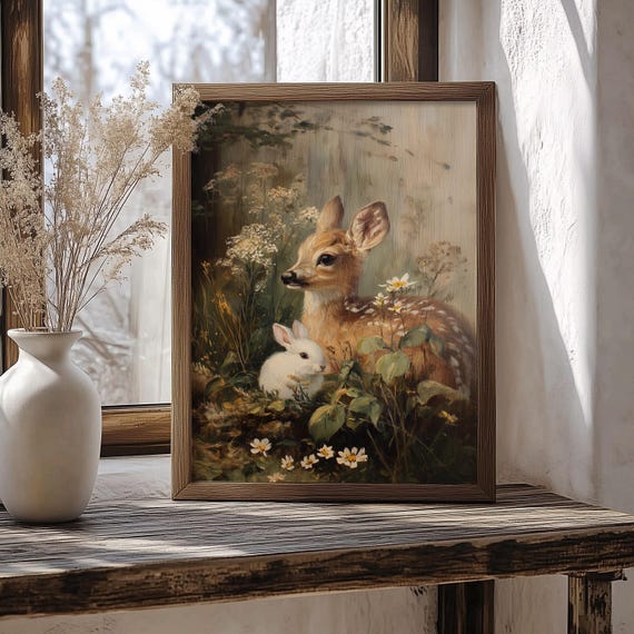 Vintage Deer and Rabbit Wall Art, Classic Woodland Animal Painting Canvas, Nature Floral Artwork, Antique Style Home Decor, New House Gift