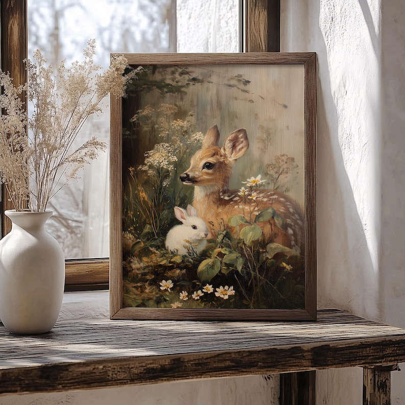 May include: A framed art print depicting a fawn and a white rabbit amidst wildflowers and foliage. The artwork has a vintage style, with soft colours and a wooden frame. The scene creates a sense of peace and connection with nature.