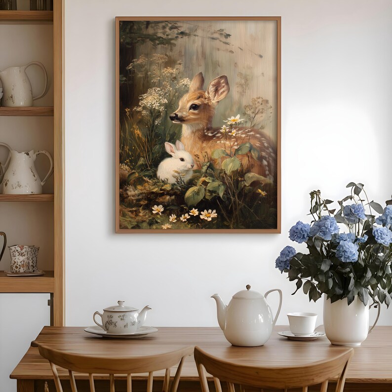 May include: A framed print shows a fawn and a white rabbit amidst wildflowers and foliage. The artwork has a vintage feel with soft colours and a natural theme. The frame is a warm brown colour.
