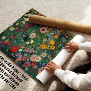 May include: A colorful floral print on museum-grade paper with pigmented archival inks. The artwork features bright and intense colors that do not fade. A rolled print and a cardboard tube are also visible.
