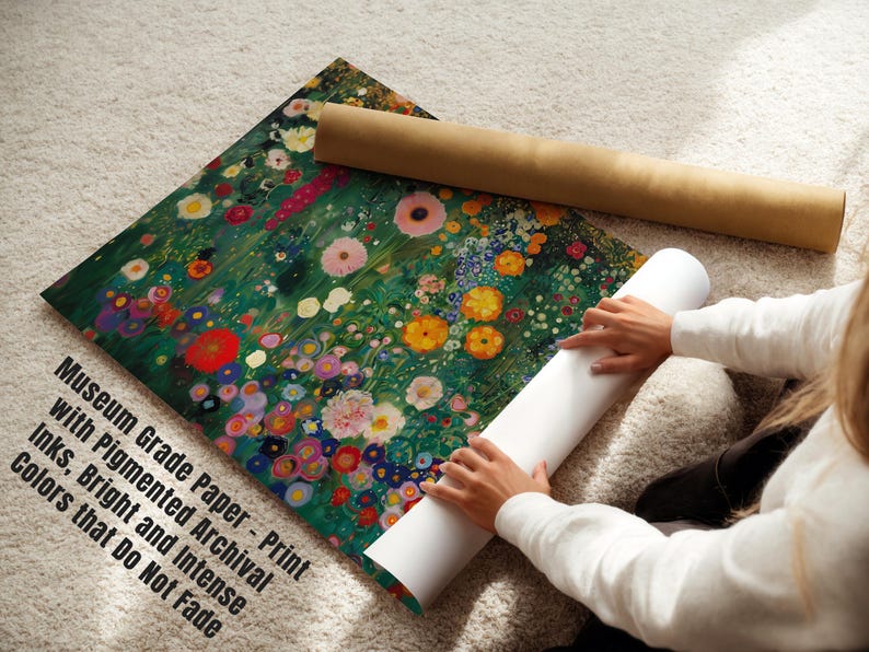 May include: A colorful floral print on museum-grade paper with pigmented archival inks. The artwork features bright and intense colors that do not fade. A rolled print and a cardboard tube are also visible.