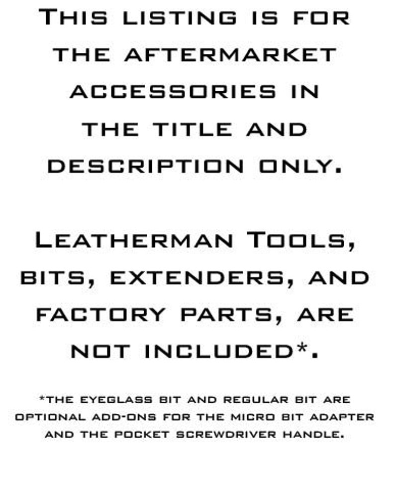 Może przedstawiać: Tekst na białym tle, kt&oacute;ry brzmi: "To ogłoszenie dotyczy wyłącznie akcesori&oacute;w aftermarket wymienionych w tytule i opisie. Narzędzia Leatherman, bity, przedłużki i części fabryczne nie są wliczone w cenę*. *Bit do okular&oacute;w i bit standardowy są opcjonalnymi dodatkami do adaptera bit&oacute;w mikro i uchwytu śrubokręta kieszonkowego."
