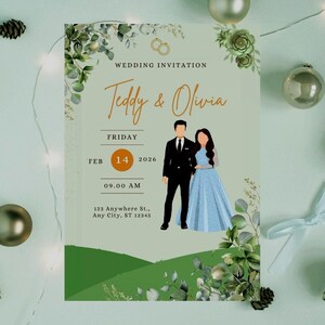 Elegante Illustrierte Paar Hochzeitseinladung | Anpassbare Grün Blumenhochzeitskarte | Moderne bearbeitbare Hochzeitseinladungsvorlage