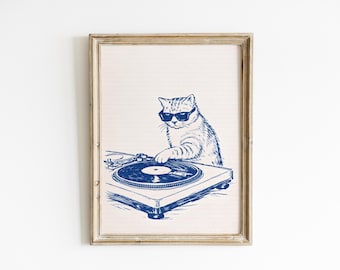 DJ Cat Poster, Funny Music Wall Art on Vintage Paper