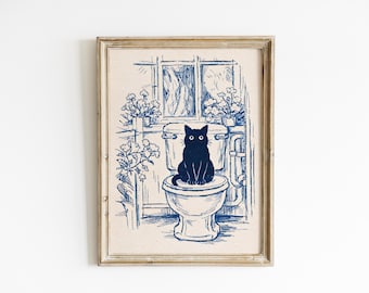 Funny Cat Bathroom Illustration Minimal Toilet Wall Art