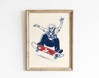 Funny Grandma Wall Art, Skateboard Print, Cool Granny Decor, Skater Gift Poster