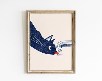 Funny Black Cat Wall Art, Thirsty Cat Print, Bathroom Decor, Quirky Pet Poster