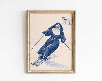 Ski Wall Art Print, Nun Skier Poster on Vintage Paper