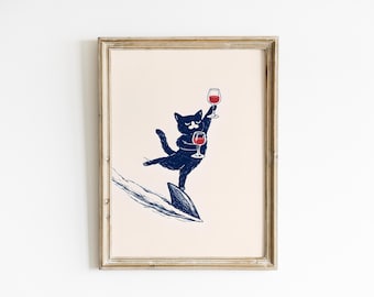 Funny Black Cat Wall Art, Wine Cat Print, Whimsical Bar Cart Decor, Cat Lover Gift Poster