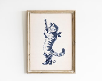 Cowboy Cat Poster, Funny Western Wall Art on Vintage Paper