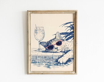 Cool Cat Wall Art, Poolside Cat Print, Summer Cat Decor, Cocktail Cat Poster