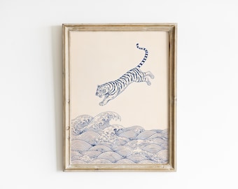 Surreal Tiger Wall Art, Blue Ink Ocean Leap Poster on Vintage Paper