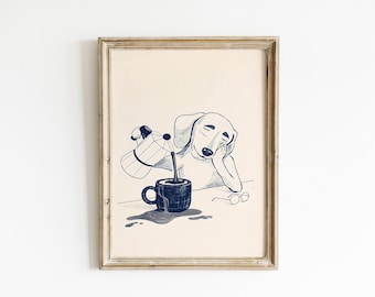 Funny Dog Wall Art, Coffee Dog Print, Kitchen Dog Decor, Morning Coffee Poster