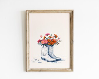 Cowboy Boot Wall Art, Floral Western Print, Cowgirl Decor