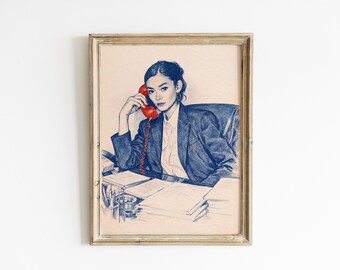 Office Wall Art Print, Boss Lady Poster with Red Phone Accent
