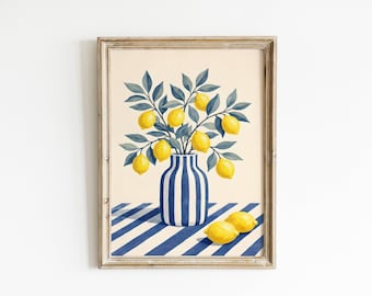 Lemon Vase Wall Art, Mediterranean Print, Blue White Kitchen Decor, Citrus Poster