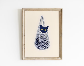 Black Cat Wall Art, Funny Cat Print, Tote Bag Cat Decor, Minimal Pet Poster