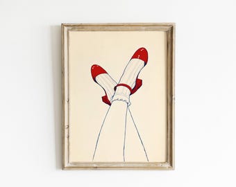 Red Shoes Wall Art, Mary Jane Print, Feminine Fashion Decor, Chic Outfit Poster
