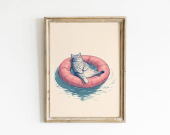 Pool Cat Wall Art, Floating Cat Print, Summer Cat Decor, Pink Float Poster