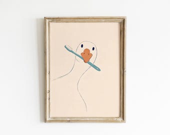Funny Goose Wall Art, Toothbrush Goose Print, Bathroom Bird Decor, Quirky Animal Poster