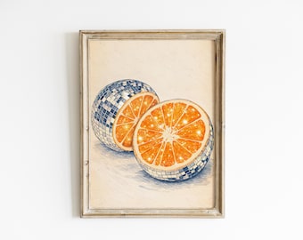 Disco Orange Poster, Citrus Wall Art Print on Vintage Paper