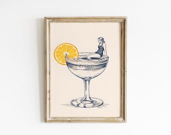 Cocktail Wall Art, Surreal Orange Print, Chic Summer Decor