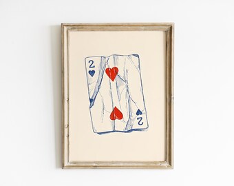 Playing Card Wall Art, Two of Hearts Print, Retro Card Decor
