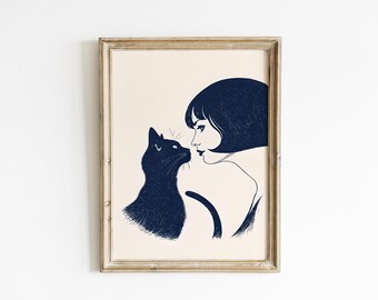 Black Cat Wall Art, Woman and Cat Print, Minimal Feminine Decor, Parisian Style Poster