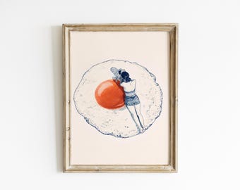 Surreal Egg Wall Art, Woman Reading Print, Whimsical Kitchen Decor, Minimal Food Poster