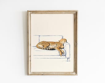 Sleepy Leopard Poster Cheetah Wall Art, Minimal Animal Print, Neutral Safari Decor