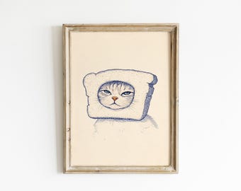 Funny Cat Wall Art, Bread Cat Print, Kitchen Cat Decor, Quirky Pet Poster