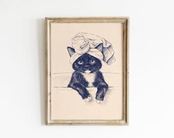 Funny Cat Wall Art, Towel Cat Print, Bathroom Cat Decor, Spa Kitten Poster