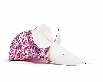 Liberty baby girl gift, liberty plum and pink decorative mouse, plum birth gift, designer gift idea