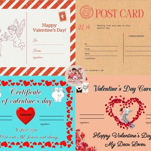 4 tarjetas de San Valentín, tarjetas creativas digitales, postales, png, jpg, pdf