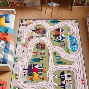 Groot biologisch kinderspeelkleed, montessorispeelkamer wegtapijt, dorpsspeeltapijt, activiteitenkamer babyjongen, stadsspeelkleed met wegen, kindertapijt,9