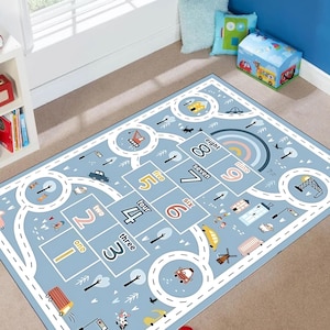 Road Hopscotch Play Mat for Kids Room, Blue floor play mat, Road play mat, Educational play mat, Non slip play mat, Sports Rug, Kids Rug, 12