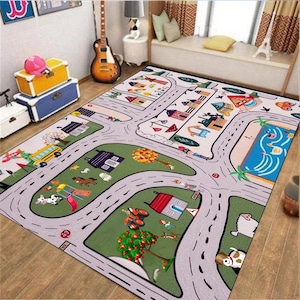 Groot biologisch kinderspeelkleed, montessorispeelkamer wegtapijt, dorpsspeeltapijt, activiteitenruimte babyjongen, neutrale vloer autoloper, kindertapijt,8