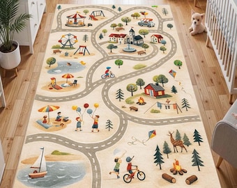 Kids Play Map Rug, Camping Themed Washable Non-Slip Rug