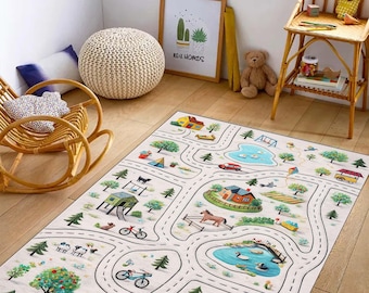 Farm Road Kids Play Rug – Village Map, Educational Decor