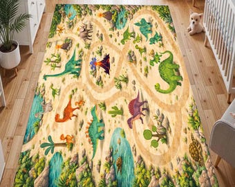 Dinosaur Play Rug – Washable Non-Slip Kids Road Map Carpet with Cute Dinosaurs for Playroom Decor