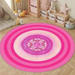 Pink Heart Flower Round Rug: Modern Kids Room Carpet