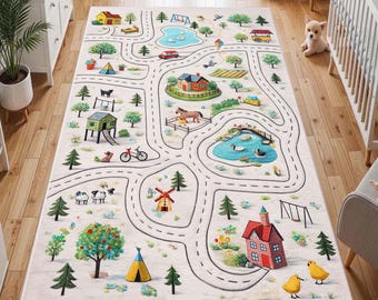 Kids Farm Play Rug, Washable Nursery Map, Non-Slip Carpet