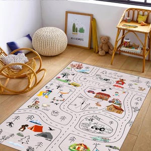 Kwekerij wegspeelkleed, biologisch kinderspeelkleed, montessori speelkamer wegdek, dorpsspeeltapijt, stadsspeelkleed met wegen, autowegdeken, 10