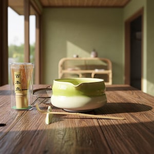 May include: A matcha tea set on a wooden table. The set includes a green and white ceramic bowl, a bamboo whisk in a clear container with Japanese text, and a bamboo scoop. The background features a window and a light green wall.