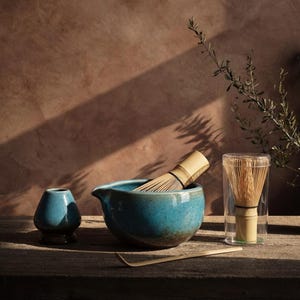 Sapphire Blue Kiln-Change Matcha Tea Set, Japanese Ceremony Chawan Bowl, Bamboo Whisk Holder