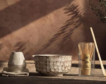 Hand-Carved Kohiki Matcha Tea Set, Woven Texture Ceramic Chawan Bowl, Bamboo Whisk Holder