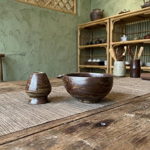 Set rustico marrone per Matcha, kit per la cerimonia del tè giapponese Autumn Moon, ciotola in ceramica, frusta e cucchiaio, regalo in ceramica tradizionale